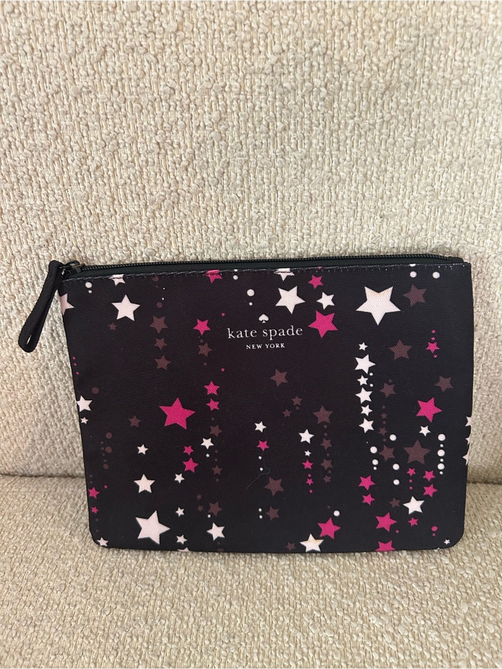 kate spade Black Star-Print Zip Pouch with Pink & White Accents